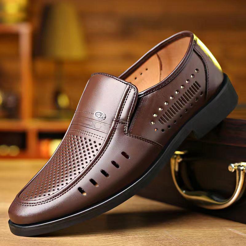 Breathable Leather Shoes Men's Summer Leather Sandals Thin Business Dress Casual White Hollow Soft Leather Soft Sole Men's Shoes