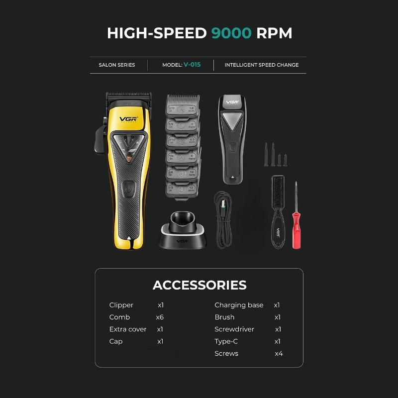 VGR Brushless Hair Trimmer Cordless Hair Cutting Machine Professional Clippers Vector Motor Haircut Barber 9000 RPM Trimmer for Men Shaver V-015