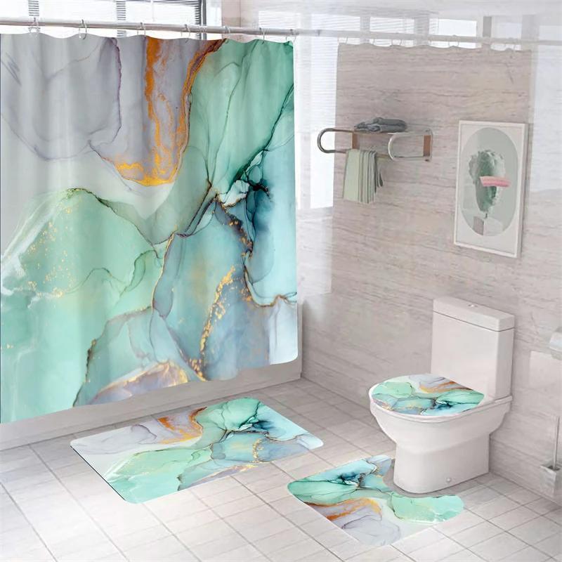 Luxury 3D Marble Shower Curtain Set Polyester Fabric Waterproof Batthroom Curtains Modern Style Printing Bath Toilet Cover Mat