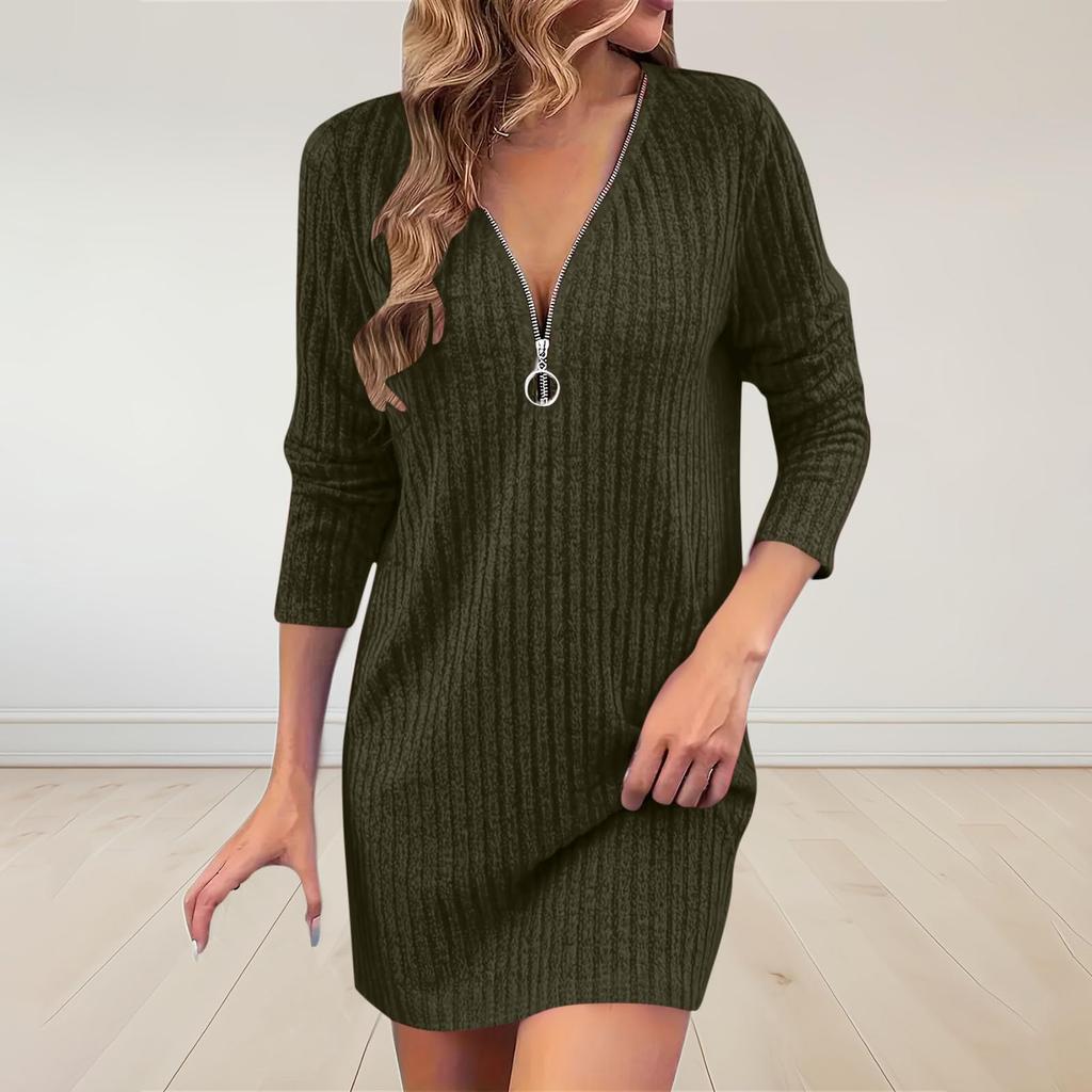 Women's Color Knitted V-Neck Long Sleeve Zipper Dress for Casual Wear