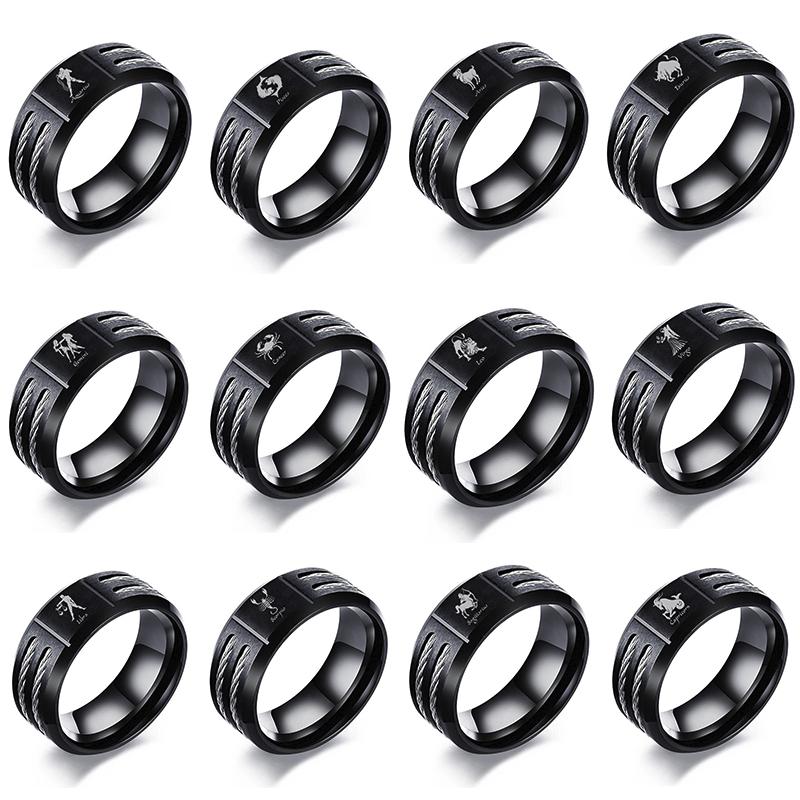 Anello Vnox 12 Segni Zodiacali per Uomo Acciaio Inossidabile Nero Intrecciato Inserimento Filo Uomo Robusto Anello Ariete Leone Costellazione Fedina