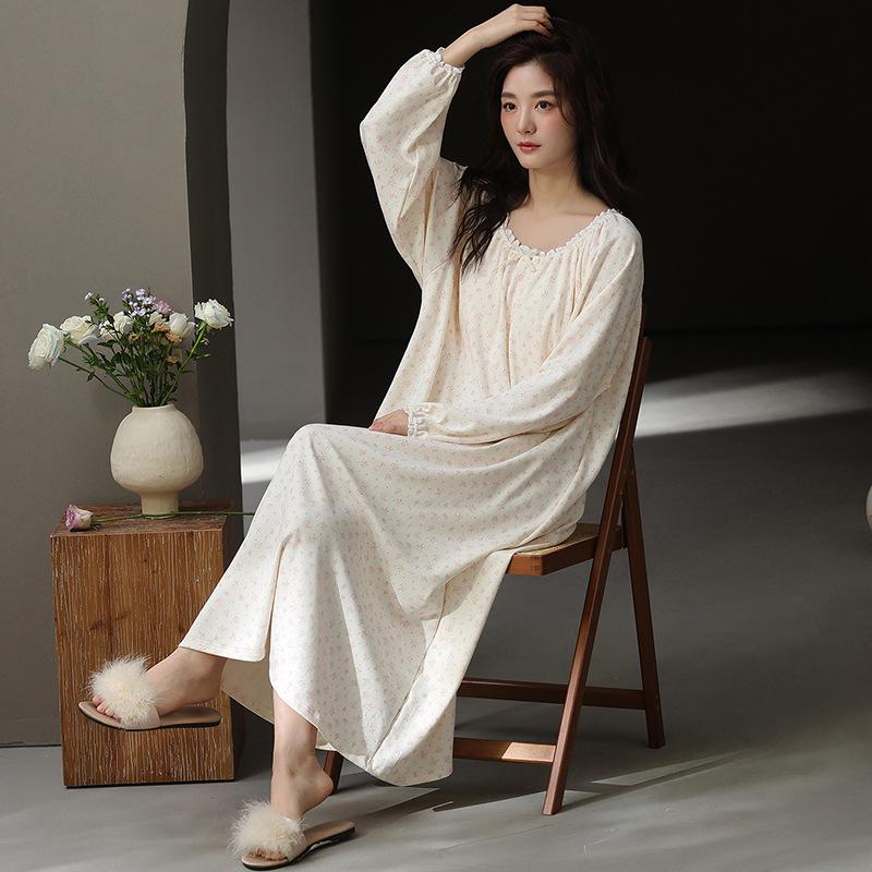 Caini Damska bawełniana koszula nocna z długim rękawem i wkładką na biust - Bardzo długa, luźny krój na wiosnę i jesień