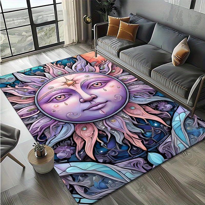 Mysterious Sun Design Area Rug, Crystal Velvet Polyester Carpet for Living Room, Bedroom, Non-Slip Home Decor Floor Mat