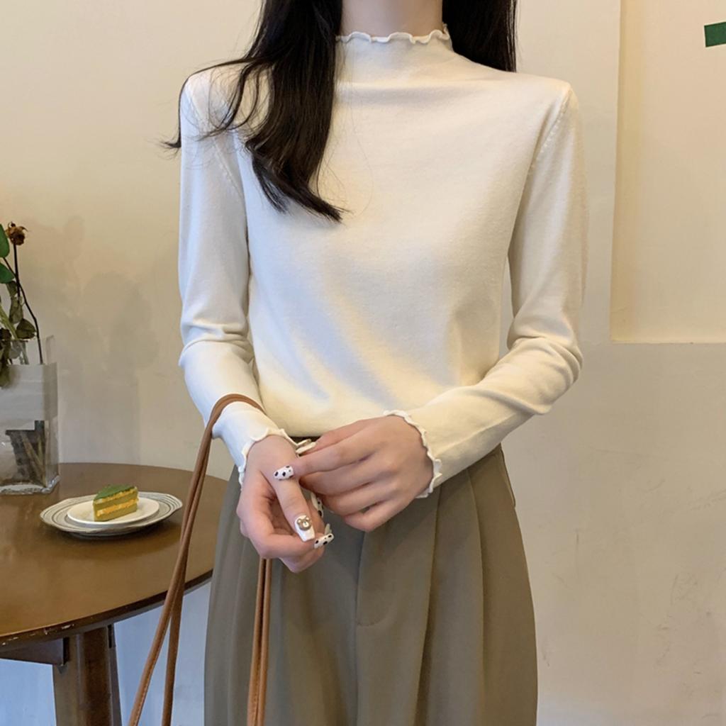 Herbst- und Winterpilzkante Rollkragen Strickpullover Damen schlichte vordere Schulter Innenfutter Oberteil weicher wachsartiger vielseitiger Pullover