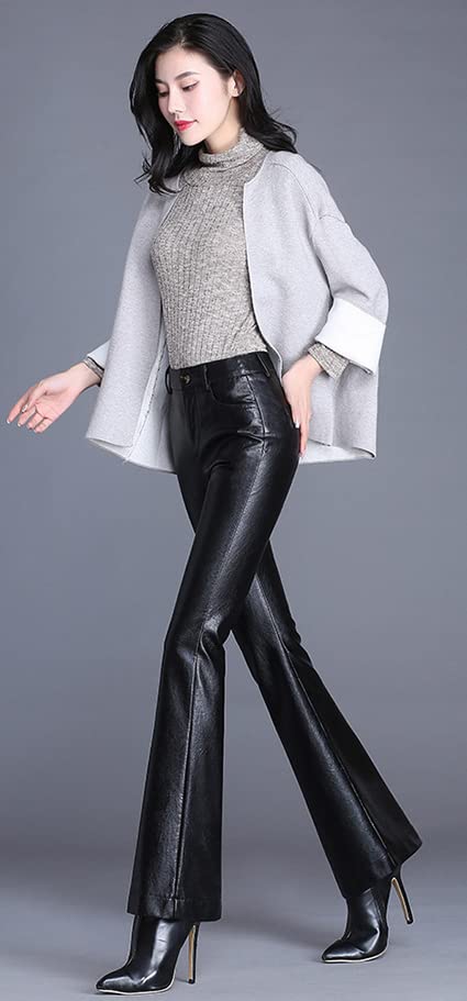 Syvent Large PU Leather Flare Stretch Faux Flattering Bell Synthetic J358 Women's Pants, Leather, Waterproof, Legs, Bottoms, Leather,