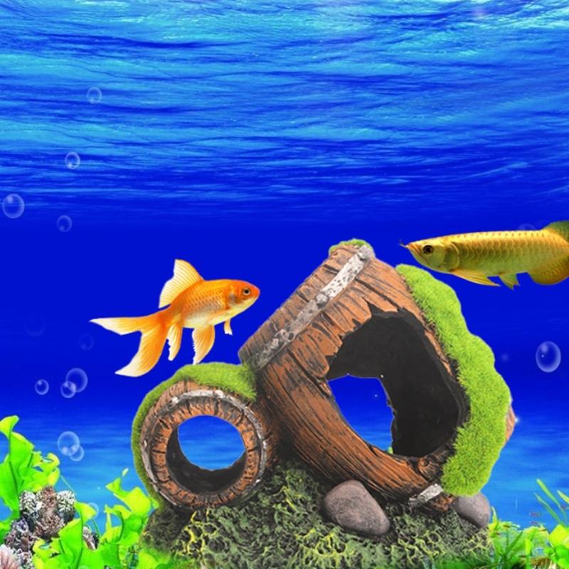 Aquariums Decoration Realistic Moss Covered Barrels Figure Safe Resin Shelter Cave For Fish Shrimp Underwater Hideouts