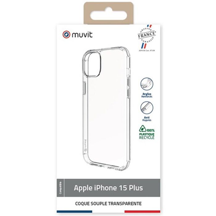 Coque et étui téléphone mobile - muvit - iphone 15 plus - transparent - anti-rayures - semi-rigide