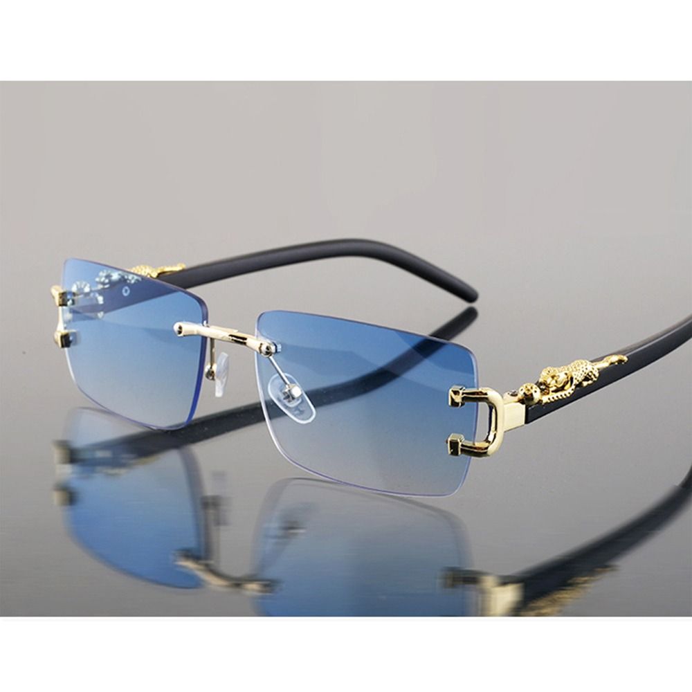 Leopard Decor Rectangular Sunglasses Metal Frame Cut-Edge Rimless Shades UV400 Protection Frameless Eyewear for Women & Men