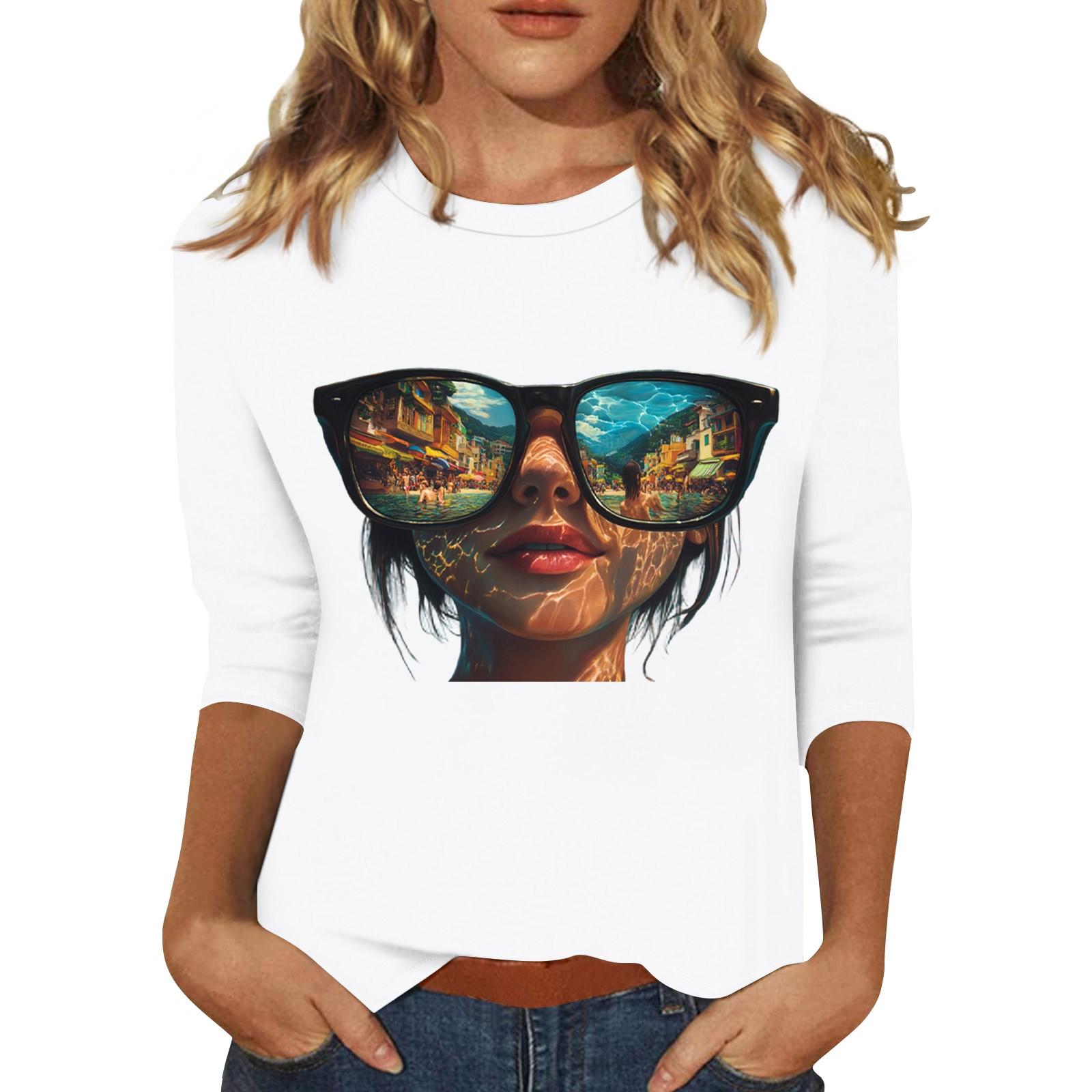 

Женская мода повседневная три четверти рукава с принтом персонажей круглый вырез пуловер топ XL белый