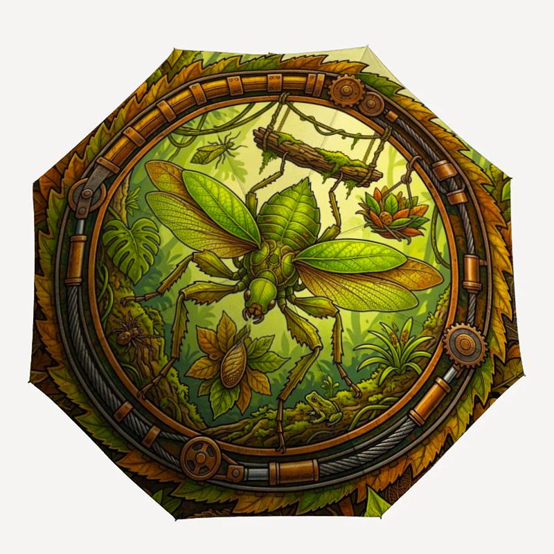 Steampunk Insect Jungle pattern umbrella, portable and foldable design, 8 ribs, a casual accessory for Halloween, Christmas, and birthday gifts.