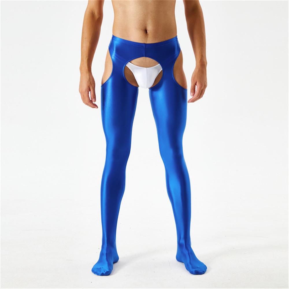 Sexy Men Candy Color Shiny Pencil Pants Sheer See Through Sexy Tight Smooth Elastic Fitness Hollow Out Gym Pants Open Crotch