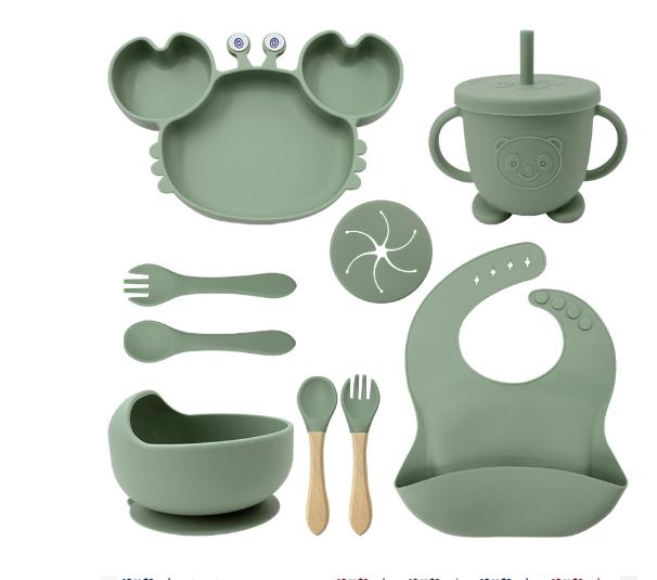 9Pcs Crab Plate For Baby Silicone Tableware Suction Cup With Straw Cute Bowl Plate Tray Bibs Spoon Feeding Set For Kids