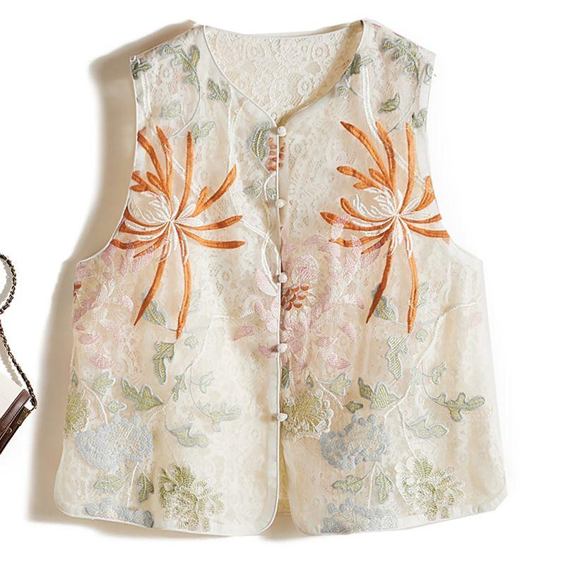 

Качественный органзовый жилет с кружевом! Вэньцзин Женская Летняя Однобортная Куртка с Цветной Вышивкой, Легкая, Двусторонняя Color L