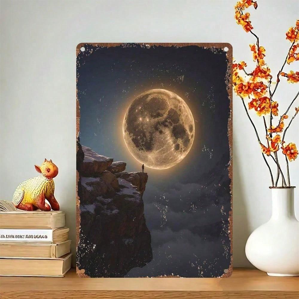 1pc Vintage Moonlit Mountain Tin Sign, Rustic Snowy Cliff Full Moon Wall Art, Retro Decor for Bedroom Cafe Pub