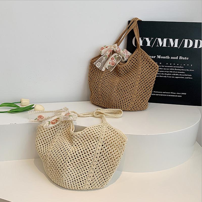 Summer Lace Bow Tote Bags Women Raffia Knitting Woven Shoulder Bag 2025 Rattan Large Casual Crochet Shopping Bag Ladies Handbag