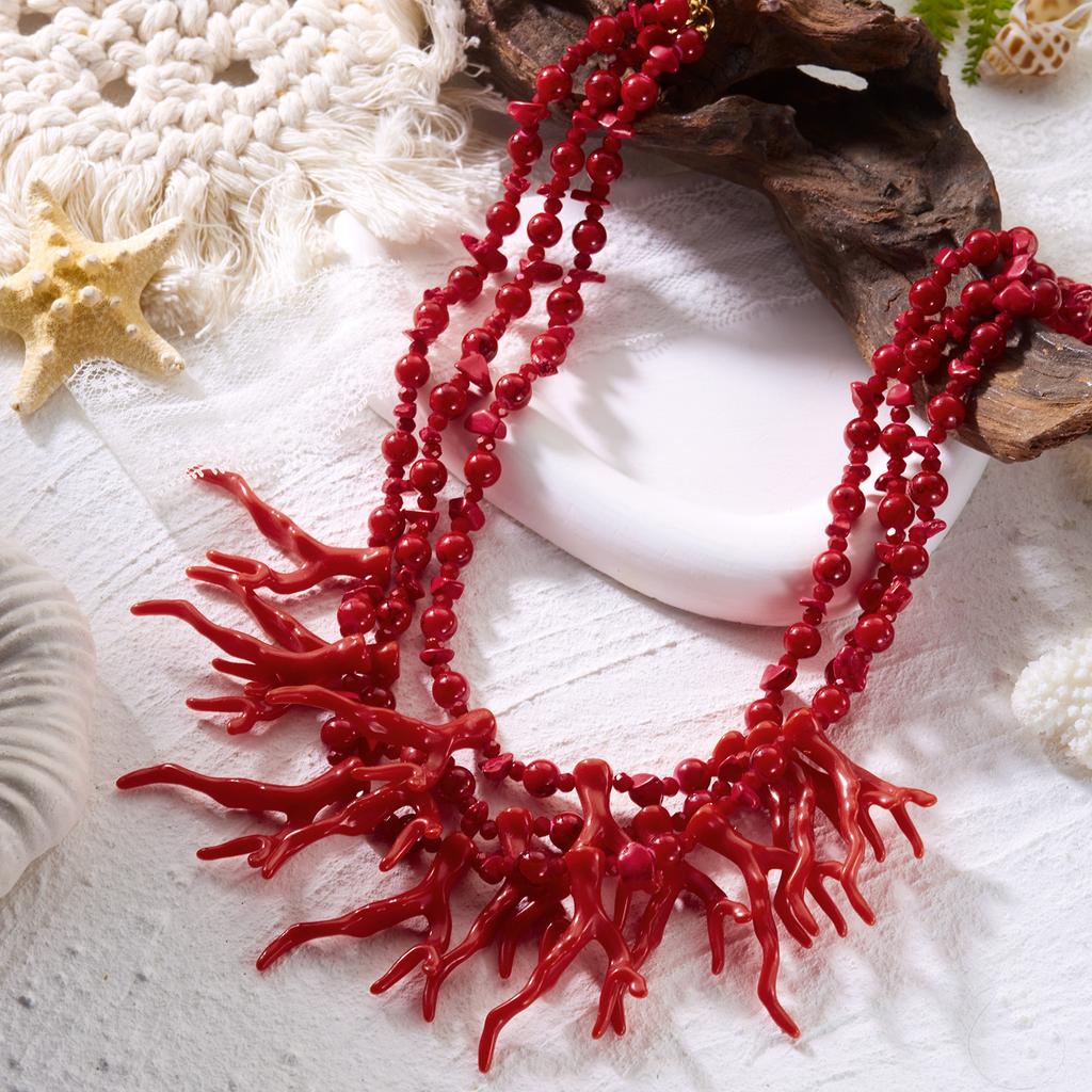 Exaggerated Red Coral Multi Layer Necklace for Women Bohemian Irregular Stone Beaded Choker Chain Vacation Party Jewelry Gift