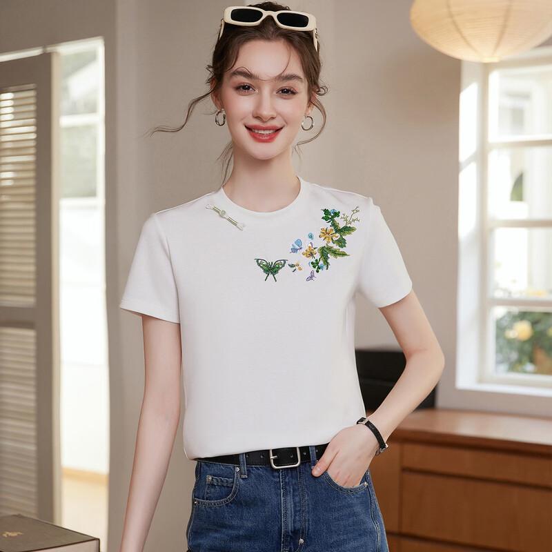 New Chinese Style Embroidered Round Neck T-Shirt S
