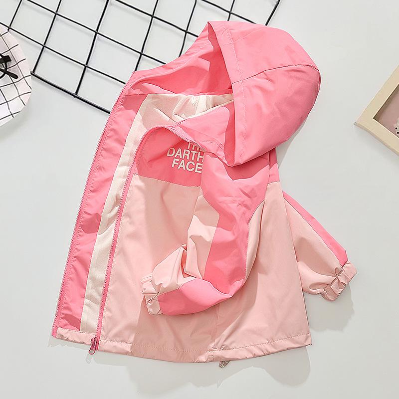 Girls' Spring and Autumn Color Block Windbreaker: Children's Fashionable Hooded Jacket