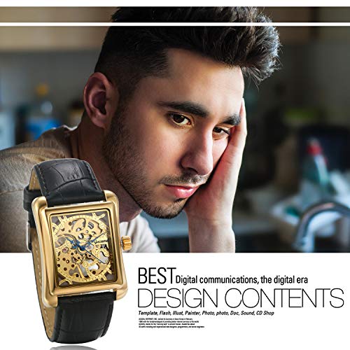 JEWELRYWE Herrenuhr mit Lederarmband, Stilvolles Wasserdichtes Automatikwerk, Skelett-Design, Antiker Stil, Quadratische Form, Gold