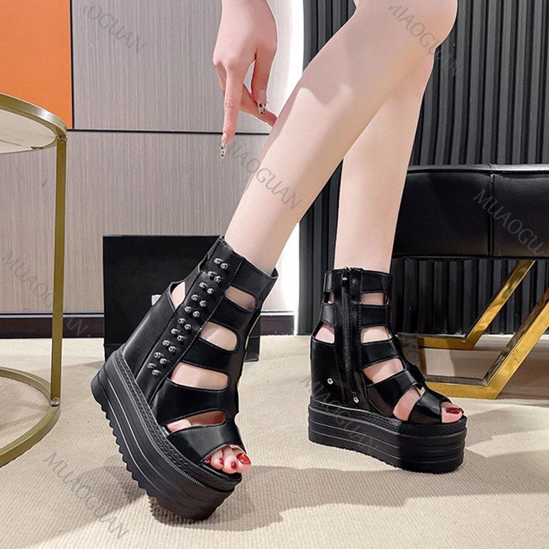 Fashion Fashion Women's Roman Sandals Summer Ultra High Heel Wedge Platform Shoes Side Zip Open Toes Solid Color Sexy Sandalias De Mujer