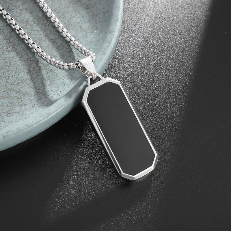 Stainless Steel Classic Geometric Polygonal Black Square Natural Stone Necklace Pendant for Men Fashion Casual Punk Jewelry Gift