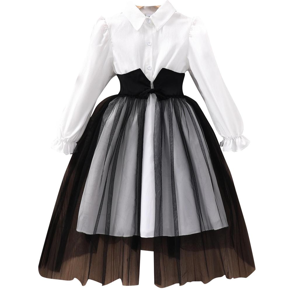 Girls' Long-Sleeve Mesh Patchwork Dress with Waistband and Turn-Down Collar