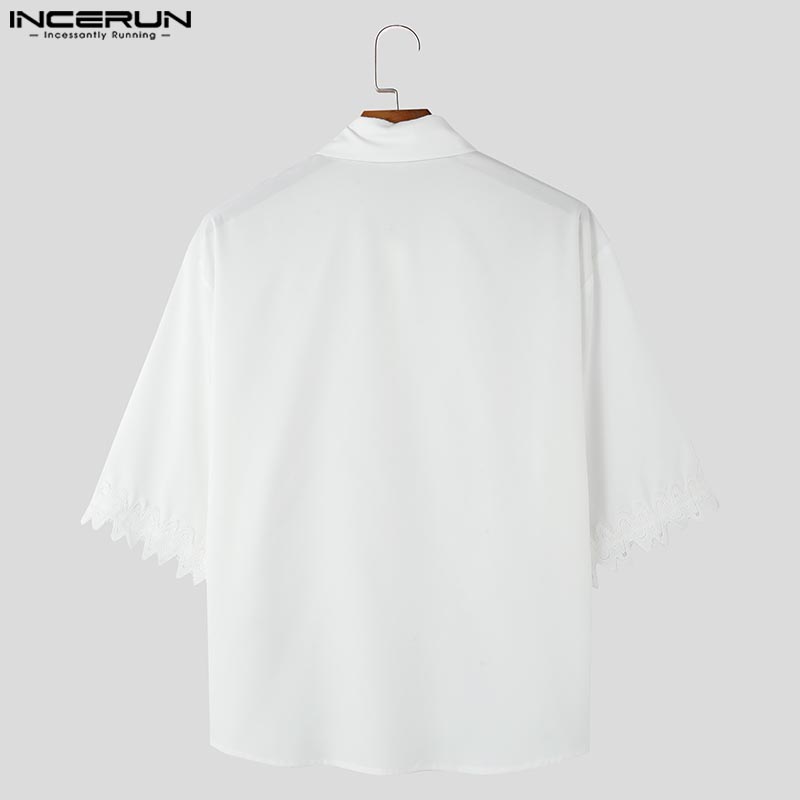 INCERUN Summer Men Turn-down Collar Half Sleeve Lace Patchwork Casual Shirts