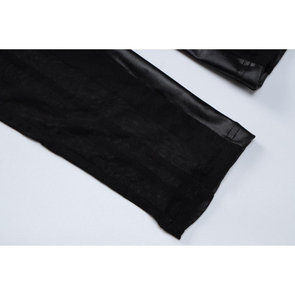 European and American Cosplay Party Women's Clothing Nightclub Models, Splicing Mesh See-through Long-sleeved Sexy Tight Black Onesie