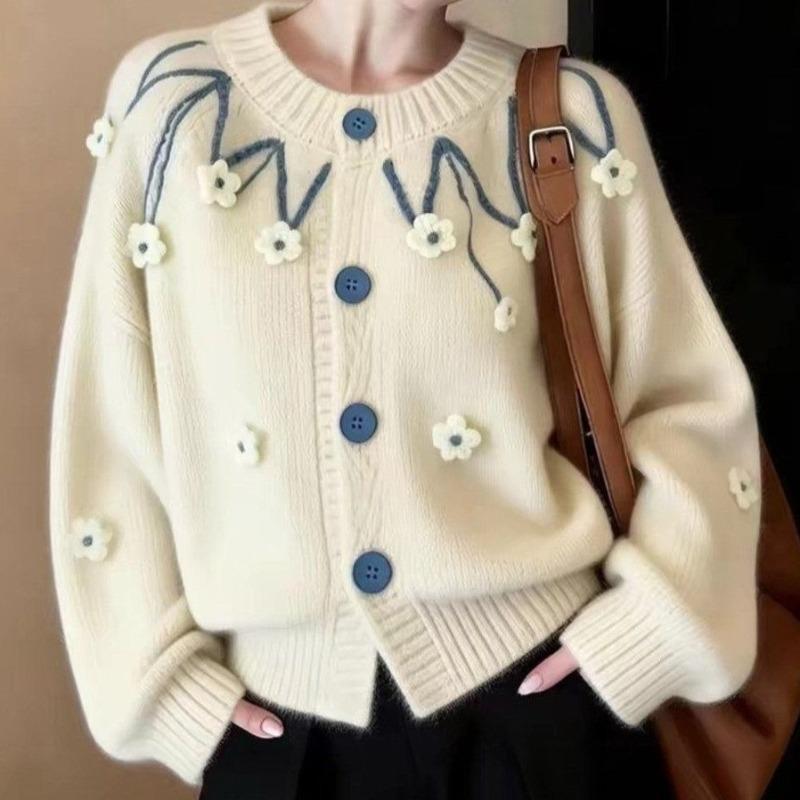 Damen Floral Cardigan Damen Rundhals Langarm Strickpullover Herbst Neue Version Locker Vielseitig Lässiges Oberteil