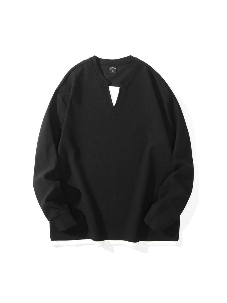 Men's Black Waffle Texture Faux Two-Piece Henley Long Sleeve T-Shirt - Korean College Style for Autumn