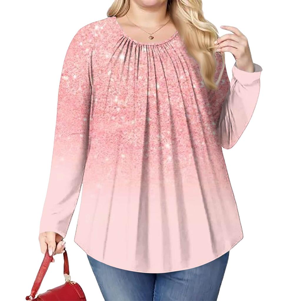 Women's Plus Size Fashion Printed Casual Pleated Round Neck Long Sleeve Top