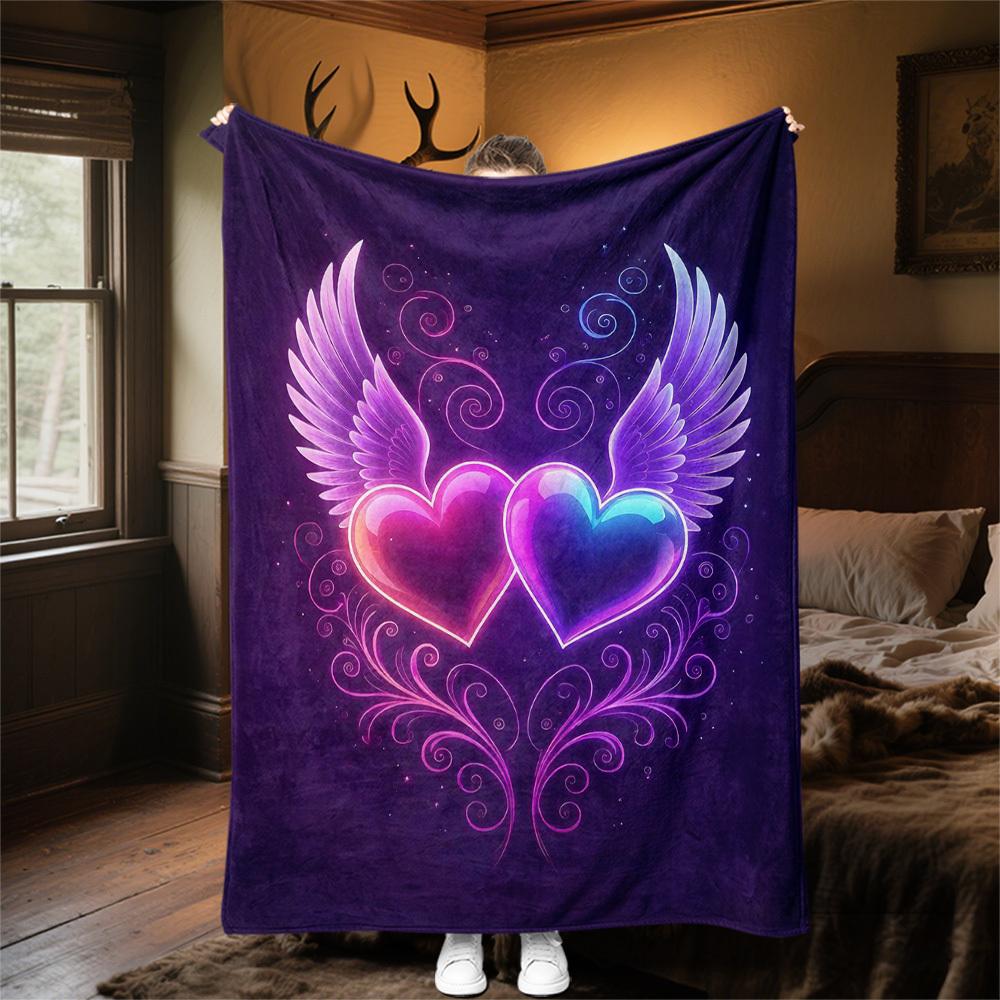 1pc Hearts Wings Outdoor Flannel Blanket Soft Warm All-Season Throw for Sofa Bed Car Camping Office, Cozy Gift Idea1319S