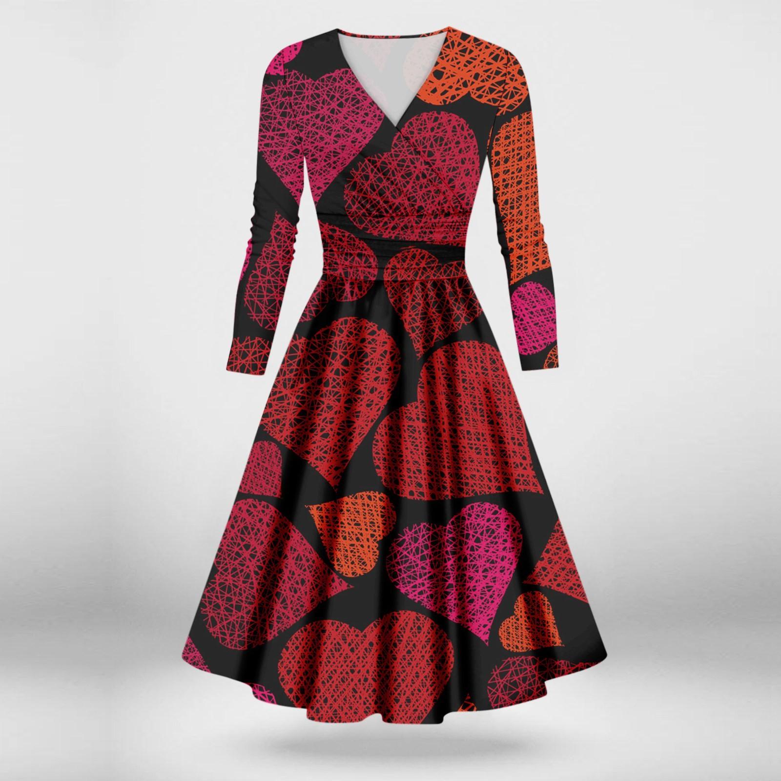 

Женское модное повседневное платье с принтом ко Дню святого Валентина, длинными рукавами и V-образным вырезом, сексуальное платье L горячий розовый