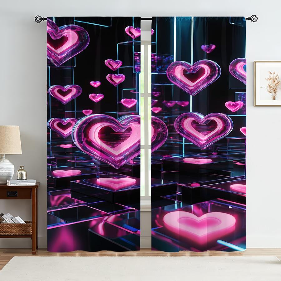2PCS Neon Pink Love Technology Style Curtains   Trendy Cool Style   Suitable for Bedroom and Living Room   Pull up Pocket Style