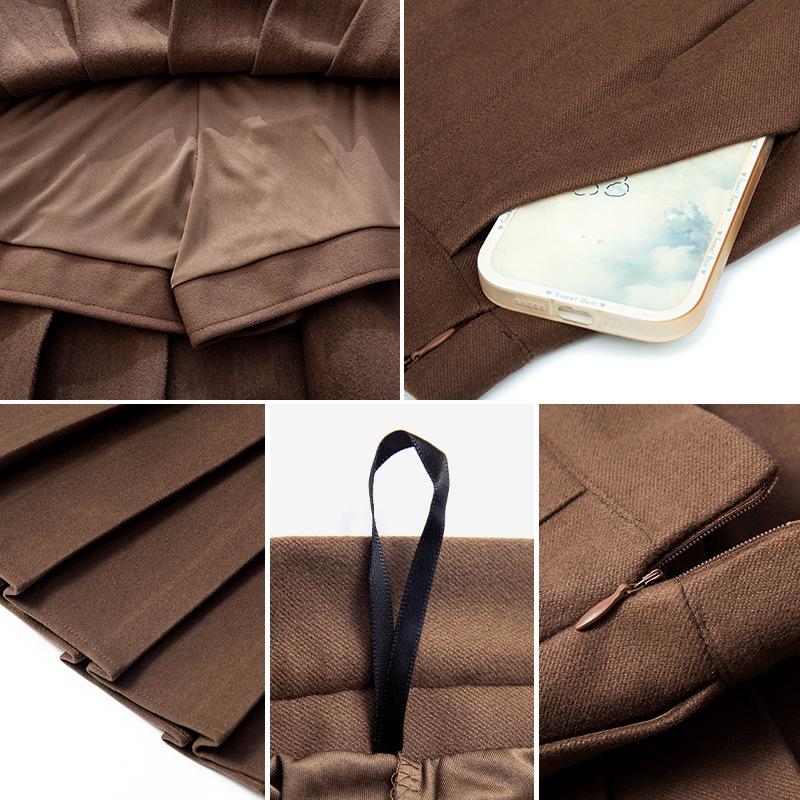 Khaki Vlněná A-line Skládaná Sukně s Vysokým Pasem pro Podzim Zimu - Dámská Krátká Sukně