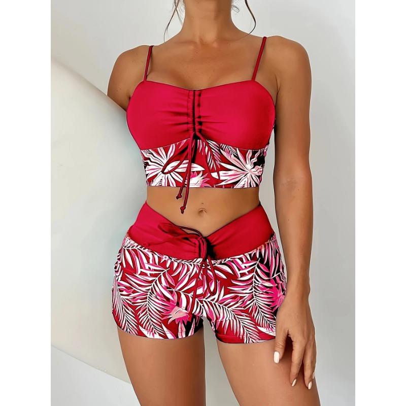 Damen Tropenblatt Print Zweiteiliges Badeanzug Set - Schwarz & Weiß Cami Top mit Shorts