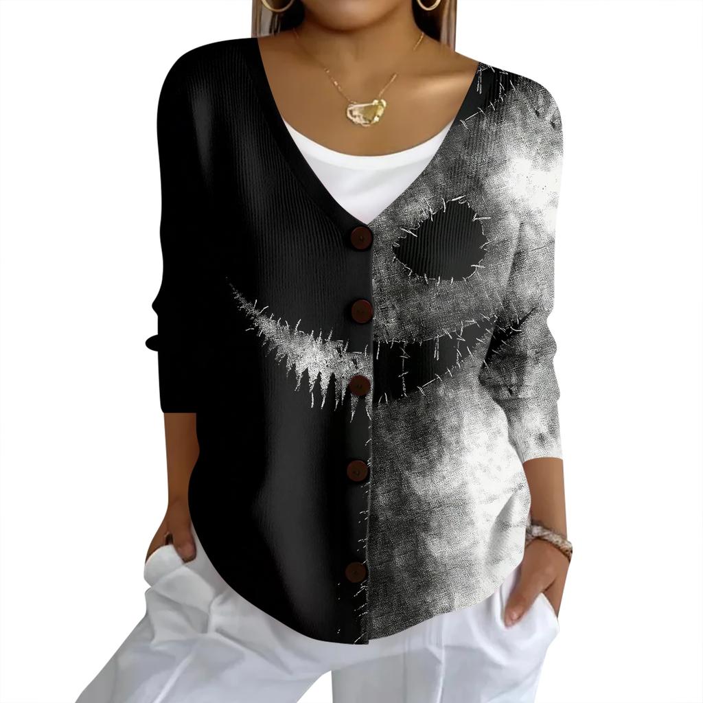 Women's Fashion Casual Knit Sweater Button-Up Halloween Printed  Cardigan Jacket