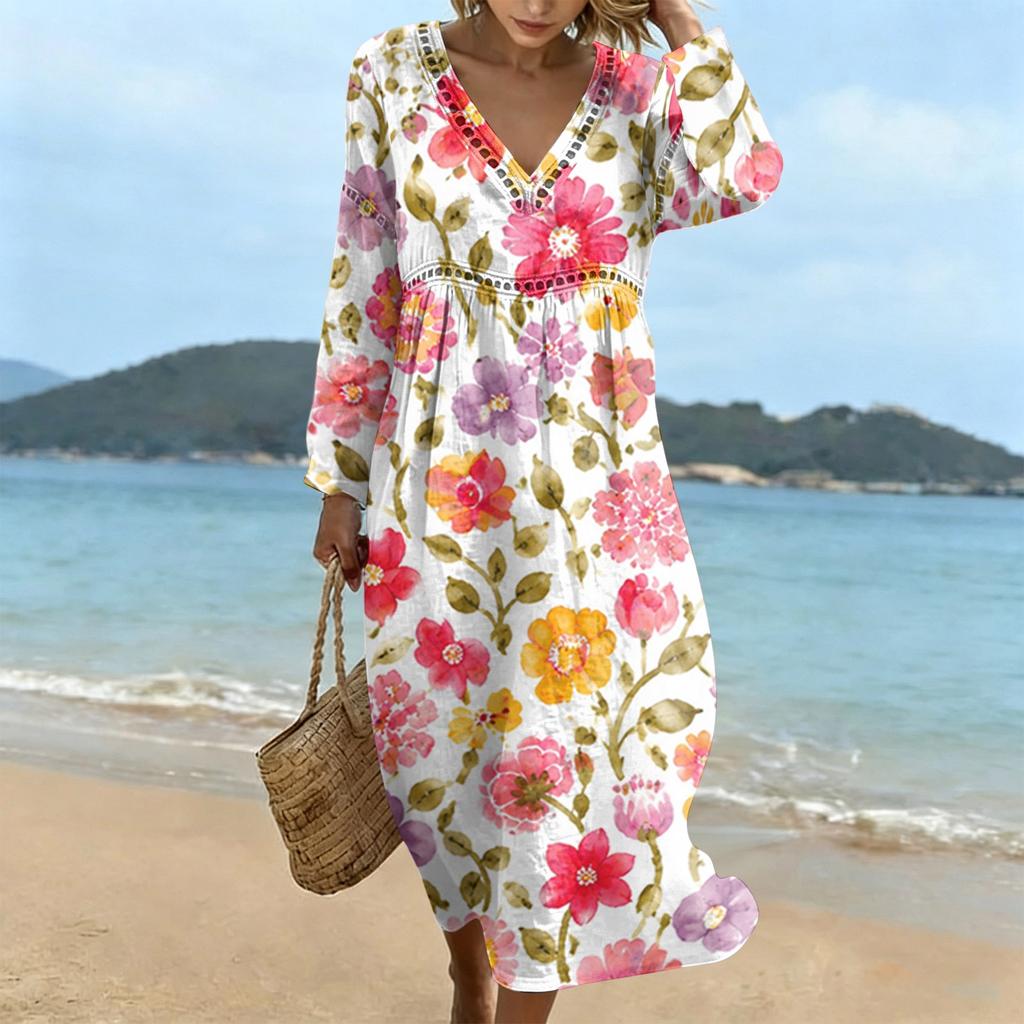 Fashionable lady's V-neck mid-length casual long-sleeved dress