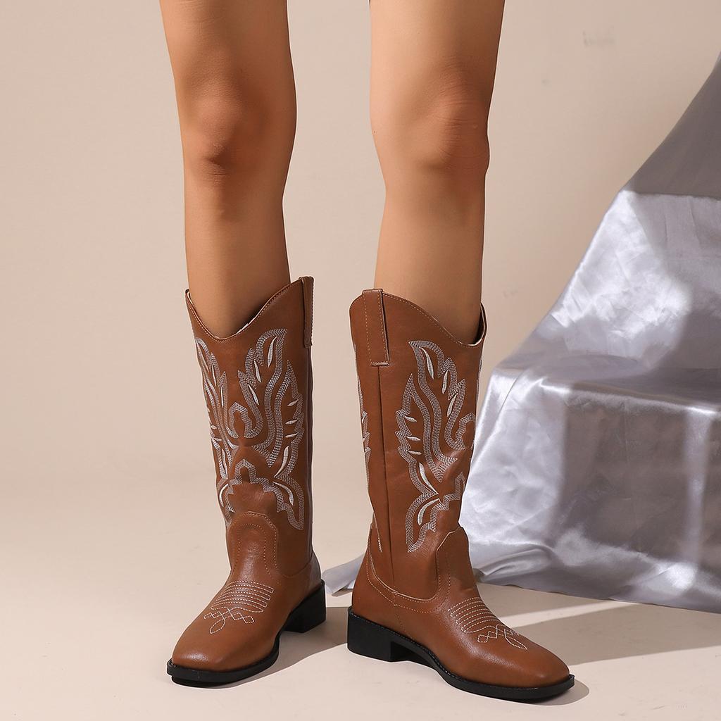 Ethnic Western Women's Boots New Embroidered Knight Boots Medium Tube Martin Boots Retro V-port Large Size Chelsea Boots