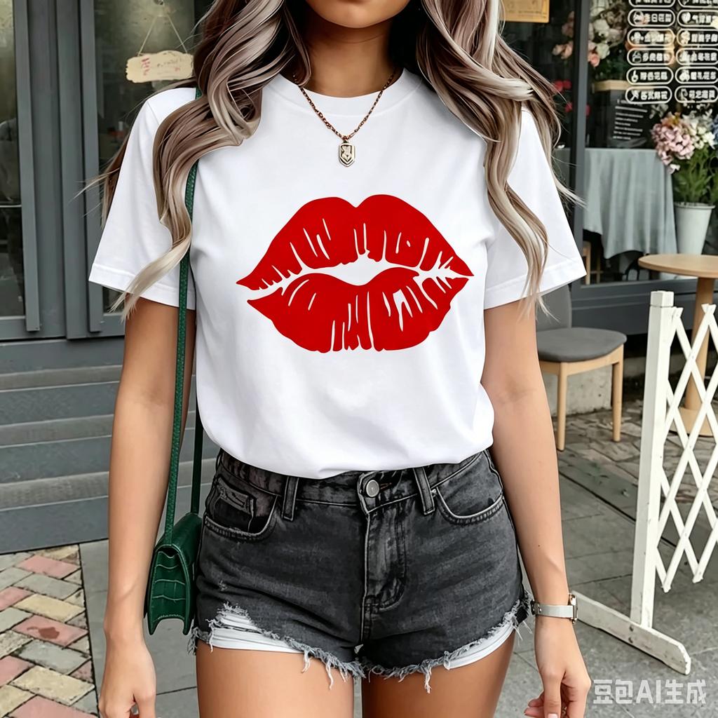 Red Lip Print Pattern Sexy Lips Design Suitable for Printed Decoration Print Crewneck Shortsleeve Tshirt Unisexs Comfortable