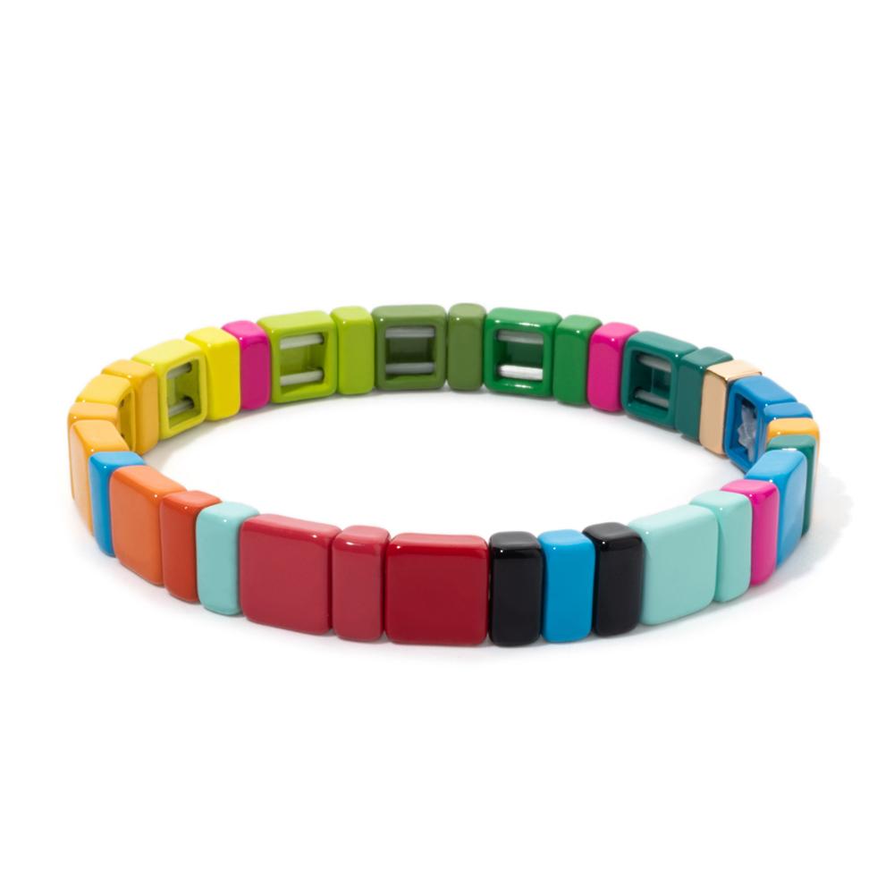 New Fashion Deil Eye Enamel Bangle for Women Colorful Beaded Boho Rectangle Shape Hand Accessory