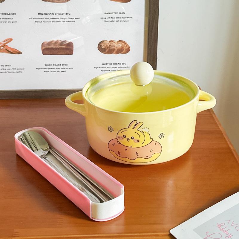 High-value Cute Tableware Ceramic Instant Noodle Bowl with Lid Children's Rice Bowl Student Dormitory Instant Noodle Bowl Binaural Soup Bowl