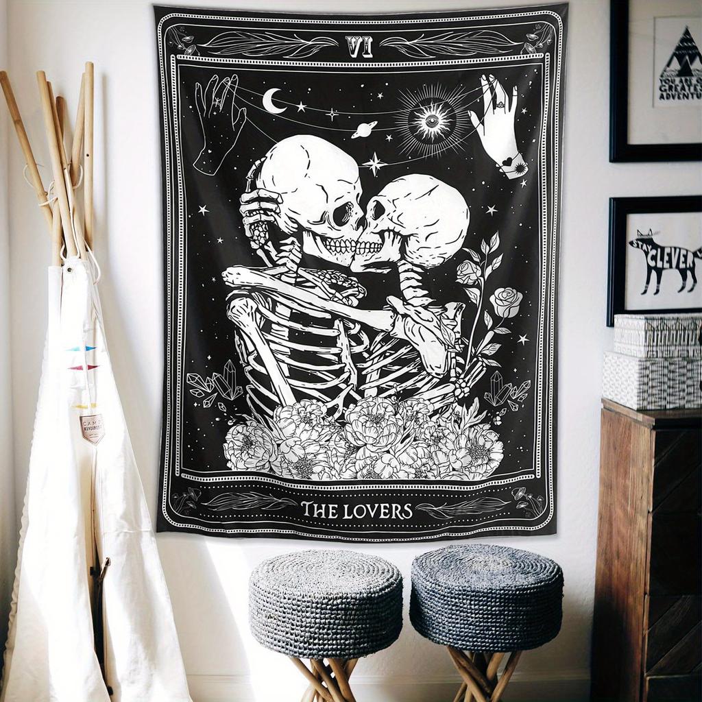 Tarot The Lovers Skull Tapestry Single Sided 2DPrint Bold Stylish Tapestry Bedroom Living Room Dorm Esoteric Vibe Accessory Gift