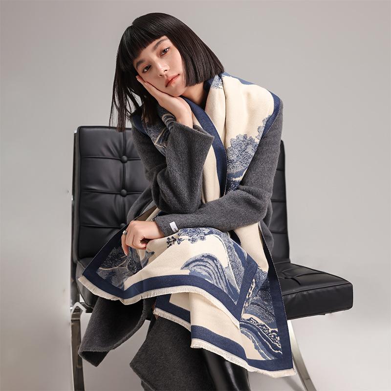 National Style Ancient Building Antique Retro Autumn And Winter Women'S Imitation Cashmere Short Beard Fringed Warm Scarf Shawl Scarf