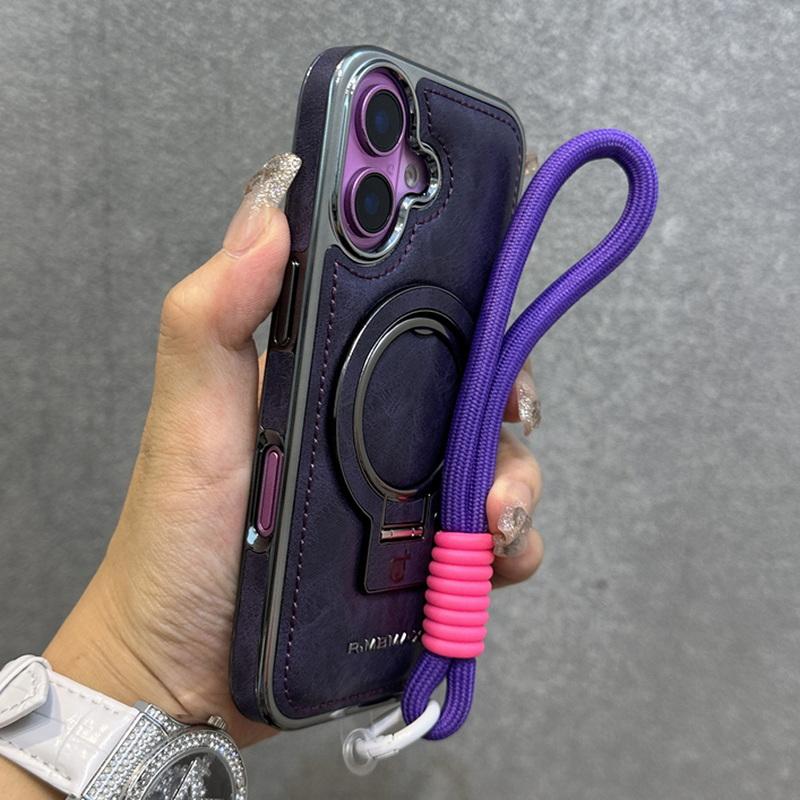 Obchodní kožené pouzdro s magnetickým držákem pro iPhone 16 Pro Max 15 Pro 14 13 12 Luxury Lanyard Shockproof for Magsafe Stand Phone Cover