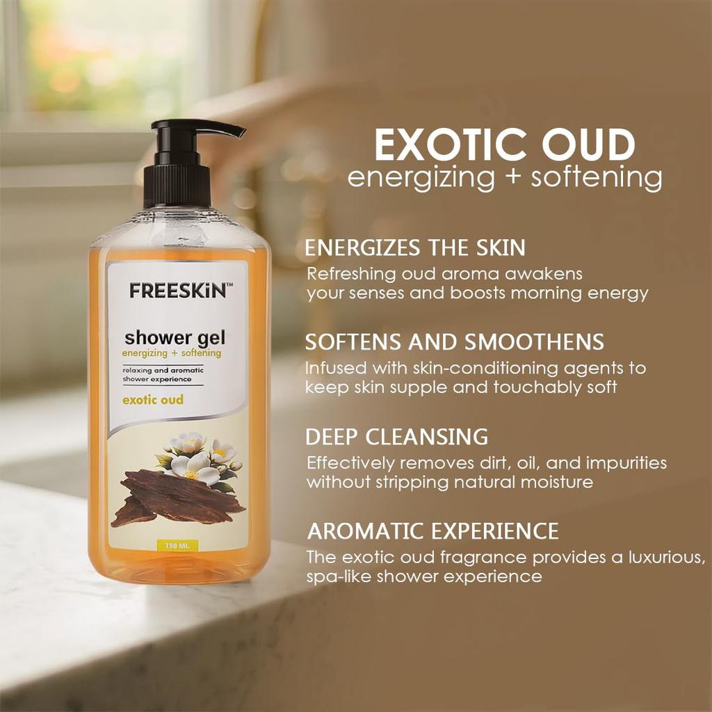 Freeskin Exotic Oud Shower Gel-750ml - Luxurious Body Wash Infused with Rich Oud Essence for Deep Cleansing, Long-Lasting Fragrance, and Nourishe