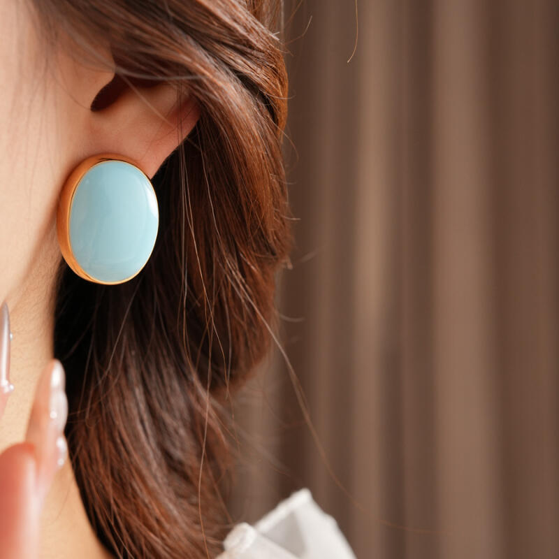 Pink Blue Oil-Dropping Round Oval Stud Earrings Unique Design Bean Beads Ear Studs Earrings Temperament Girl Ear Accessories