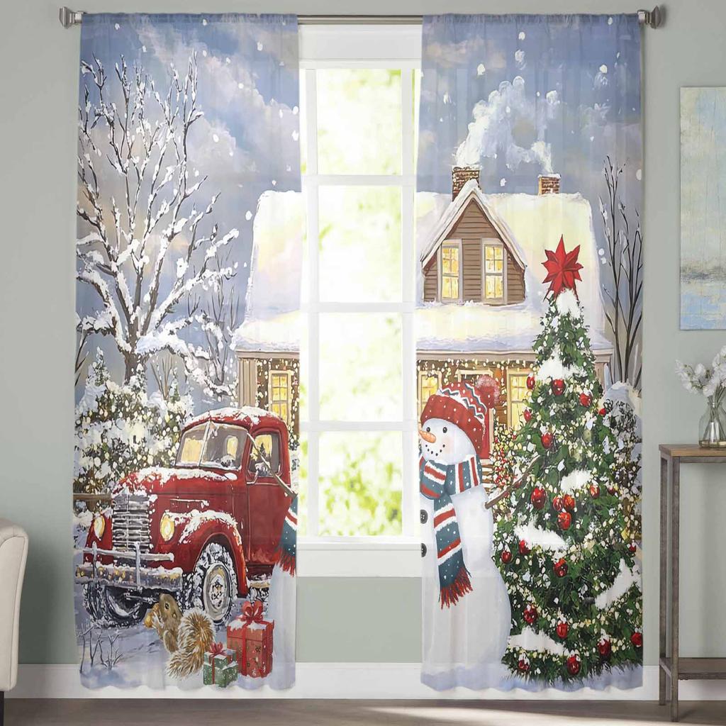 Christmas And Winter Snow Scenery Snowman Curtains For Living Room Bedroom Home Decoration Window Voile Tulle Curtain Drapes