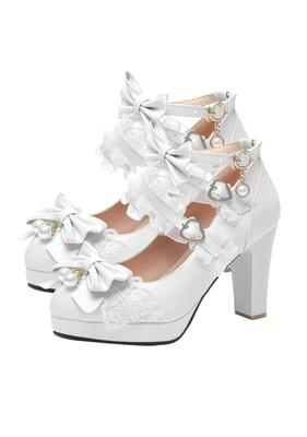 YZZYQQ Women's Ankle Strap Pumps, Cute Bowknot Lace Lolita Shoes, Stylish Plus Sizes, Ladylike Lolita Shoes, Platform Sole, Maid Shoes, White, Size 48