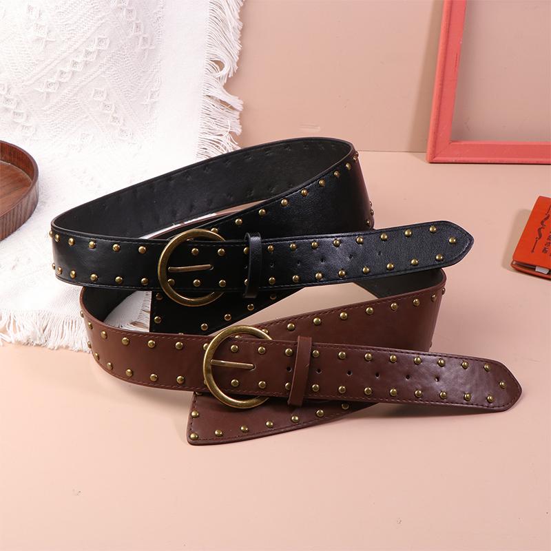 Western Cowboy Leather Belt For Women Punk Gothic Decorative Wild Waistband Retro Rivet Wide Belt